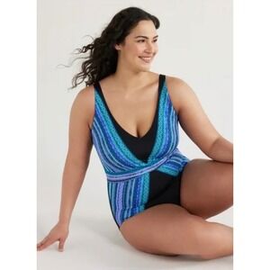 NWT 2X One Piece Swimsuit Tummy Control Blue Black Geo Plus 20W 22W